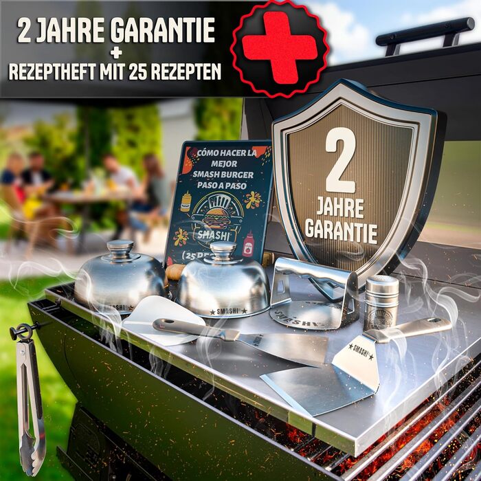 Набір для приготування бургерів SMASHI® з пресом та дзвоном – нержавіюча сталь 304, лопатка для гриля, 50 папірців з антипригарним покриттям, рецепти – Оригінал (SUPREME)