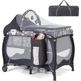 Дитяче ліжко-манежа DREAMADE 102x72 см, 3 в 1: ліжко, манежа, бебі-центр з матрацом, колесами, москітною сіткою та пеленальним столиком для новонароджених та дітей 0-36 місяців (сірий)