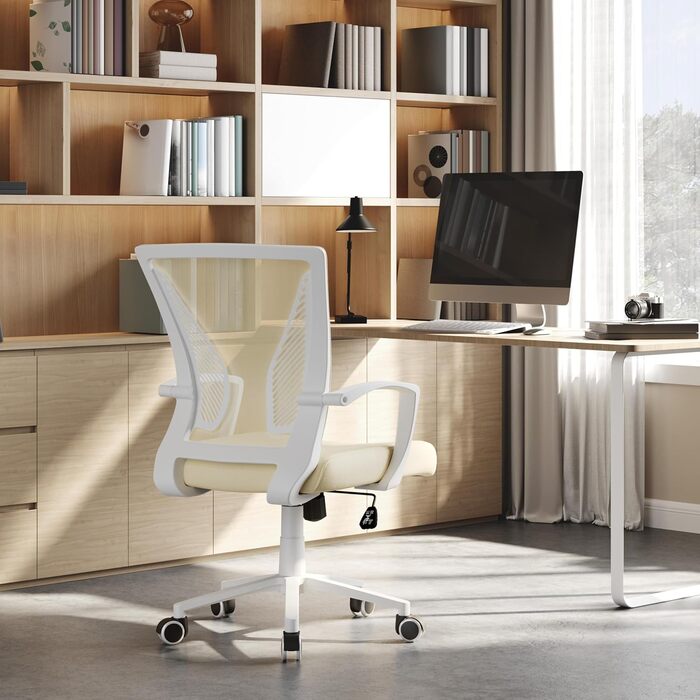 Офісний стілець Yaheetech ергономічний з сітчастою спинкою, регульований, з підлокітниками, бежевий, до 136 кг