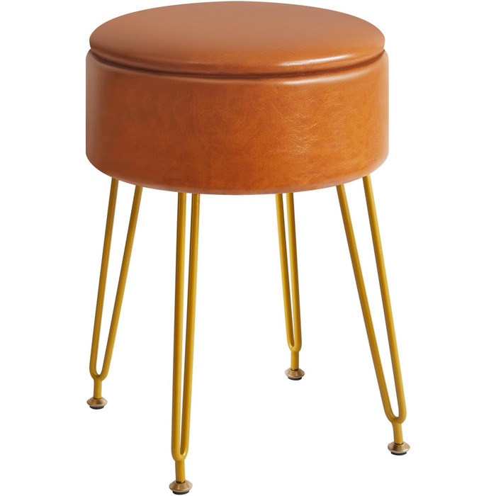 Пуф-табуретка з велюру круглої форми, золоті ніжки, для макіяжу та відпочинку, L/G-30P (з ящиком для зберігання, світло-коричневий)