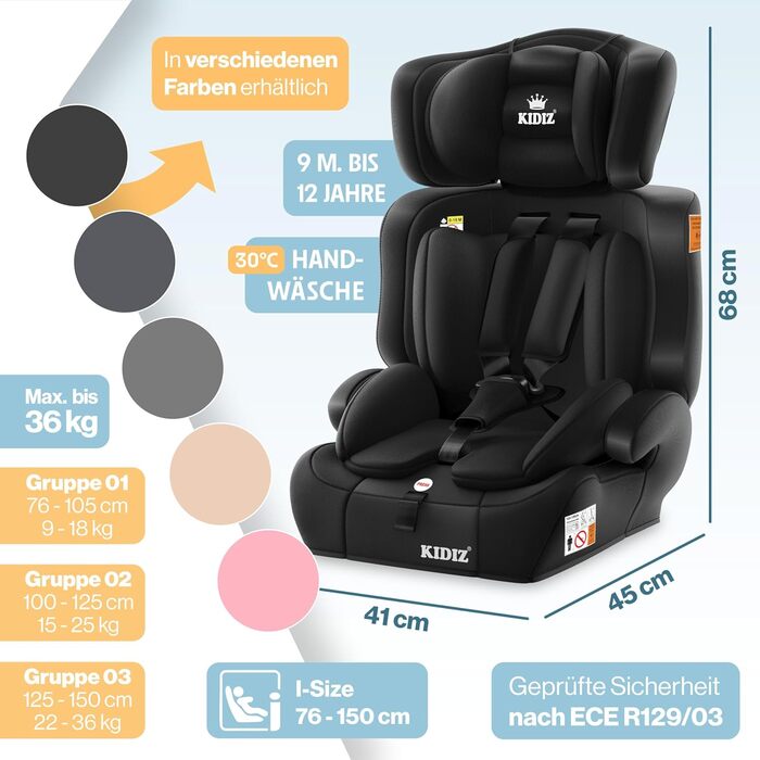 Автокрісло KIDIZ® для дітей 9-36 кг, групи 1+2+3, 5-точкові ремені безпеки, регульована підголовник, чорний колір