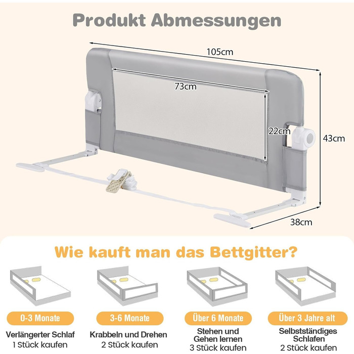 Бортик для ліжка COSTWAY складаний, захисний бар'єр для дитячого ліжка та батьківського ліжка 105x42 см (Сірий)