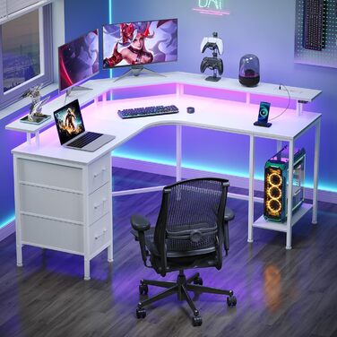 Ігровий кутовий стіл Seventable L-подібної форми з LED підсвіткою, розетками та 3 текстильними висувними ящиками, білий, 135x135x88 см