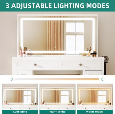 Туалетний столик YITAHOME з LED-дзеркалом, регульоване 3-кольорове освітлення, скляна стільниця, вбудована розетка, для спальні, 115 x 40 x 134 см, білий