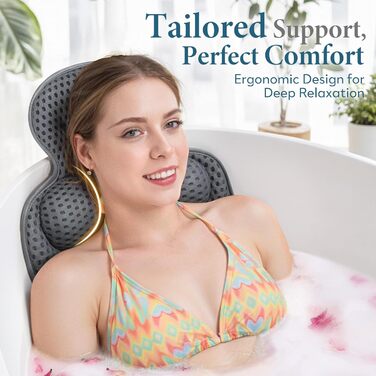 Подушка для ванни під голову та шию з 3D-сітки, 54 присоски, сіра. Аксесуар для релаксації у ванні та душі, подарунок