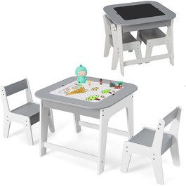 Дитячий стіл DREAMADE з 2 стільцями: комплект меблів для дитячої кімнати з двосторонньою стільницею та місцем для зберігання, 3-ох частинний набір для дітей від 3 років, підходить для дитячих кімнат та садочків (натуральний+білий) (сірий+білий)