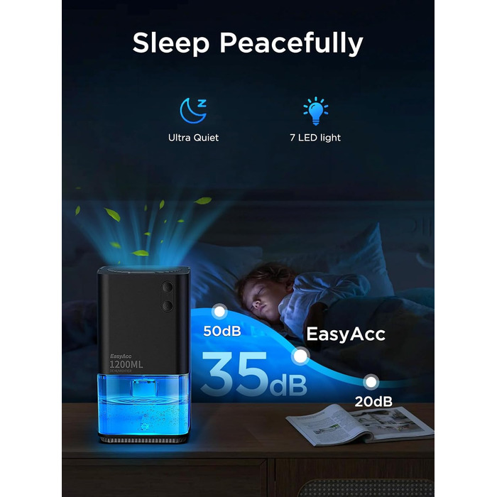 EasyAcc Електричний осушувач повітря 1200 мл, компактний, тихий, портативний, з автовимкненням та режимом сну. Ідеально для офісу та дому. Чорний колір.