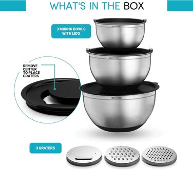 Набір місок для змішування з нержавіючої сталі з кришкою, терткою, ручкою, виливом та герметичним кришкою, антиковзний набір місок для приготування, випічки, зберігання продуктів (3 шт.) Чорний