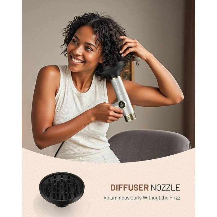 Іонічний дорожній фен HITTIONA 3 в 1 з диффузором, золото: швидке сушіння, подвійна напруга (100-240V), низький рівень шуму