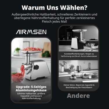 Електрична м'ясоподрібнювач AIRMSEN з насадкою для ковбас, 2 леза з нержавіючої сталі, 3 диски, аксесуар Куб, тихий промисловий двигун, для дому, нержавіюча сталь