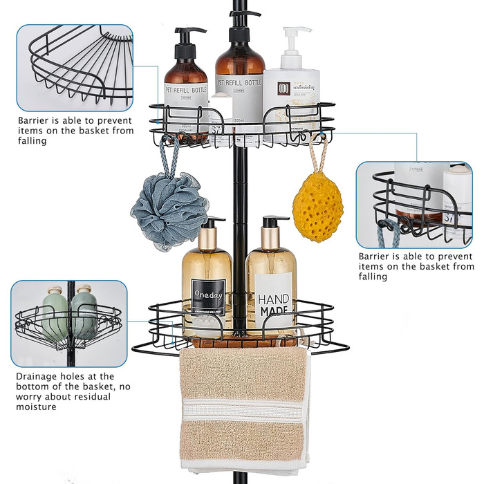 Телескопічна душова полиця DAMAI без свердління Душова полиця з нержавіючої сталі Кутова полиця з нержавіючої сталі Полиця для ванної кімнати Полиця для ванної кімнати з 4 кошиками для ванни та ванної кімнати Нержавіюча 73-266 см (чорна)