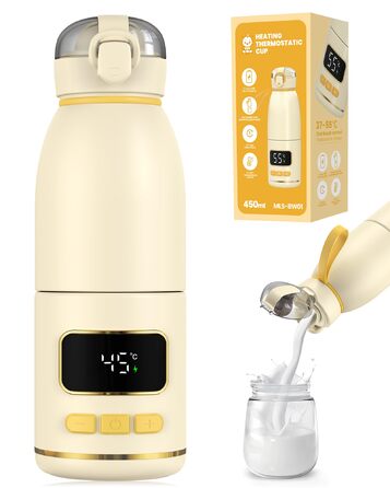 eSynic Підігрівач для пляшечок 450 мл з акумулятором 15000mAh, нержавіюча сталь 316, швидкий нагрів за 2-3 хв, для грудного молока та води, USB-C, BPA-free, для подорожей та нічного годування