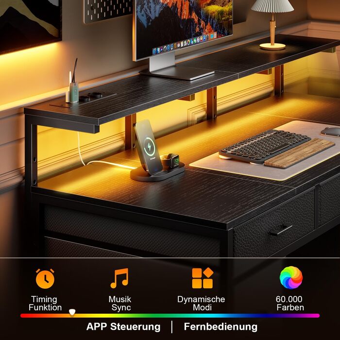 Комп'ютерний стіл з 8 висувними ящиками, 2 розетками, 2 USB-портами, LED-підсвічуванням та підставкою для монітора, 120 x 50 x 74 см (Чорний)