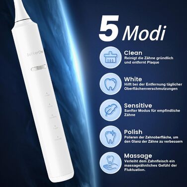 Електрична зубна щітка Betterchoi з магнітною левітацією, 41 000 VPM, 4 насадки, IPX7, 180 днів роботи, 5 режимів, таймер, білий