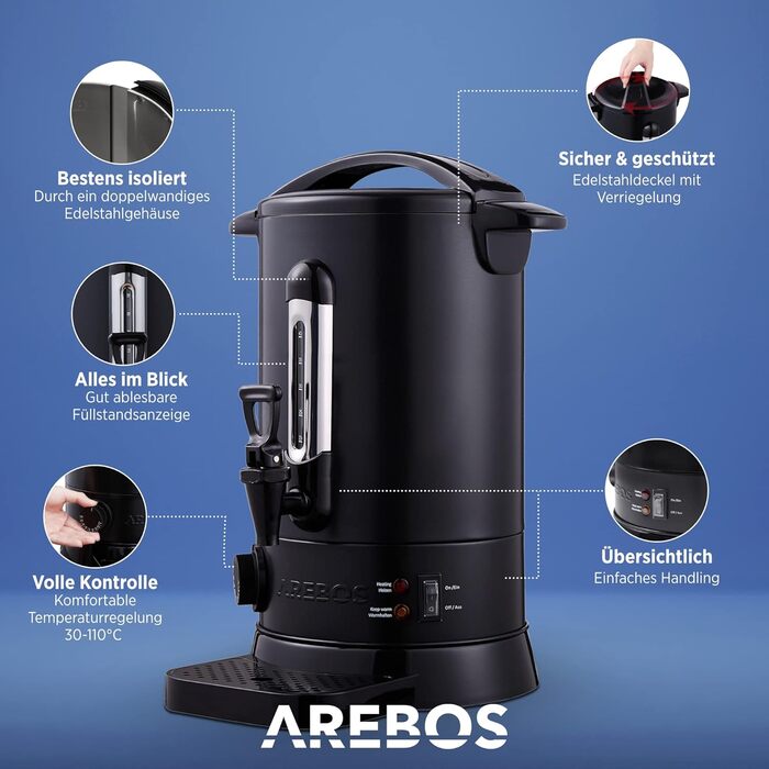 Електричний глінтвейновий котел Arebos 950 Вт | Глінтвейновий диспенсер | 8,8 л | з піддоном, краном, термостатом та захистом від перегріву | Регулювання температури 30-110°C | Чорний