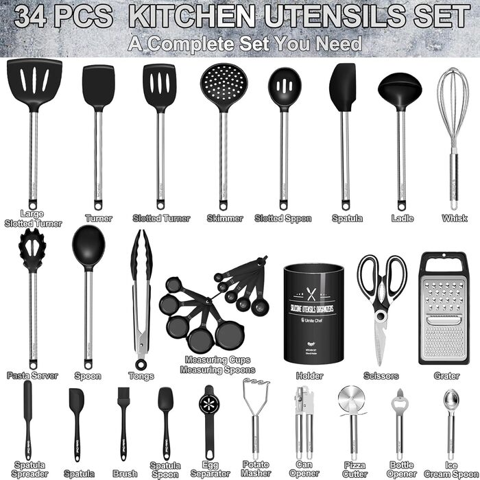 Набір кухонних аксесуарів Umite Chef, 34 шт., силіконовий, для антипригарного посуду, з нержавіючою сталею, чорний