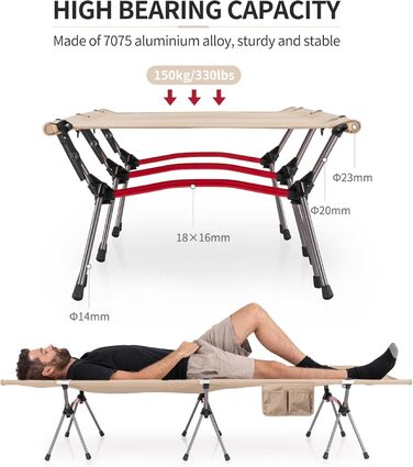 Польове ліжко Naturehike Ultralight: складане кемпінгове ліжко, витримує до 150 кг, регульована висота, бежеве