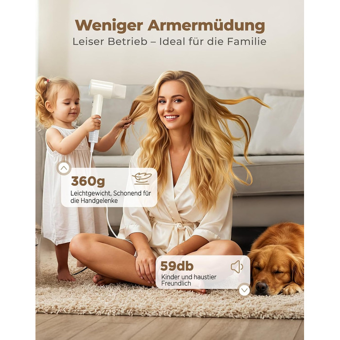 Іонний фен для волосся з дифузором, швидке сушіння 150 000 об/хв, 500 млн негативних іонів, 8 температурних режимів з LED-дисплеєм, для кучерявого та густого волосся, бежевий