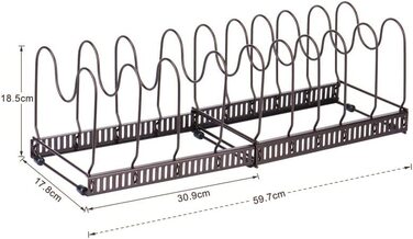 Тримач кришки каструлі Toplife, металева підставка для посуду для кришок каструль, тарілок, обробних дощок і сковорідок з 7 регульованими відділеннями, ідеально підходить для кухонного начиння, чорний (органайзер для каструль коричневого кольору)