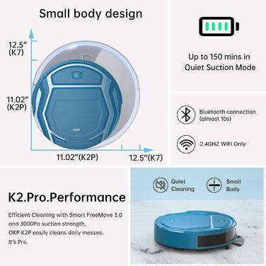 Робот-пилосос OKP 2100Pa з Wi-Fi, суперантивний, керування через додаток та голосовим управлінням Alexa. Тиха робота, ідеально для шерсті тварин, підходить для підлоги та килима. Самостійна зарядка, 100 хвилин роботи.