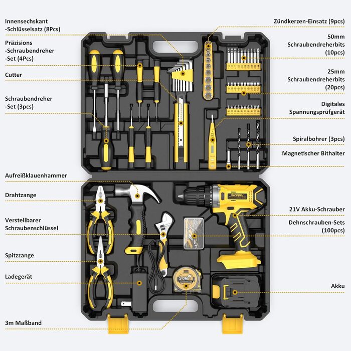 Набір інструментів Sundpey 170 предметів з акумуляторним дрилем-шуруповертом 21V, 2.0Ah, жовтий кейс для дому та ремонту