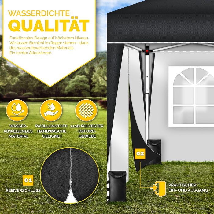 Павільйон Tillvex водовідштовхувальний з 4-ма мішками з піском | Pop-Up павільйон, стабільний та регульований по висоті | Садовий намет з UV захистом 50+ | Павільйон для вечірок з сумкою для саду (антрацит) (3x3м з 4 боковинами, 3 x 3 м, чорний, з 4 стінк