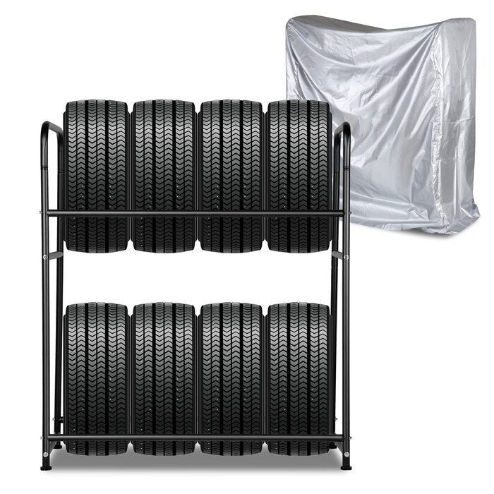 Стеляж для шин на 8 шин, 107 x 46 x 117 см, 2 яруси, регулювання висоти, вантажопідйомність 180 кг, з захисними чохлами для гаража, підвалу, майстерні, 1 шт.