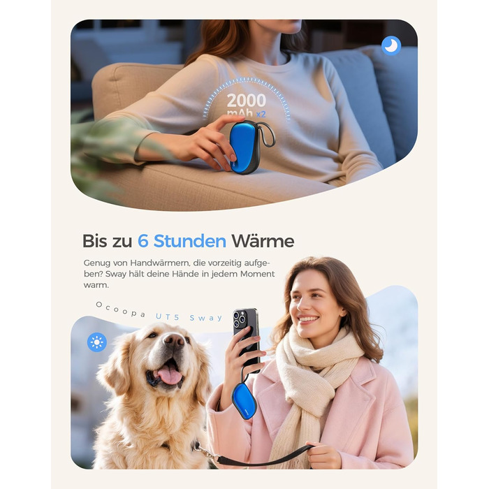 Електричні грілки для рук OCOOPA 2 шт. з дизайном гребінця, багаторазові, 4000mAh, 1.5 см, для рукавичок та кишень, подарунок на Новий рік, для жінок, зимові аксесуари, UT5 Sway Wiesengeflüster (Ocoopa x Artist Edition) (Блакитний)