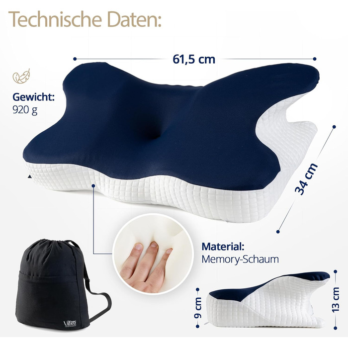 Подушка для шиї Home Vibez® з піною з пам'яті ефекту, знімає біль у шиї та плечах, ергономічний дизайн, ортопедична підтримка шиї з охолоджуючим чохлом для будь-яких положень сну, з сумкою для подорожей