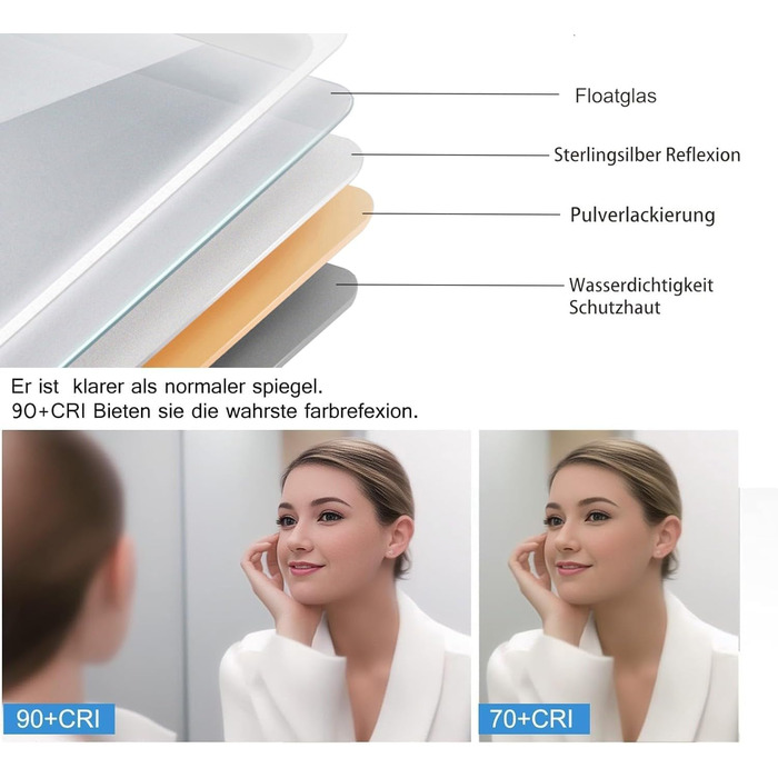 MIQU Дзеркало для ванної кімнати з підсвічуванням LED 60x50 см, сенсорне, проти запотівання, з Bluetooth та розеткою, 3 кольори світла, диммування