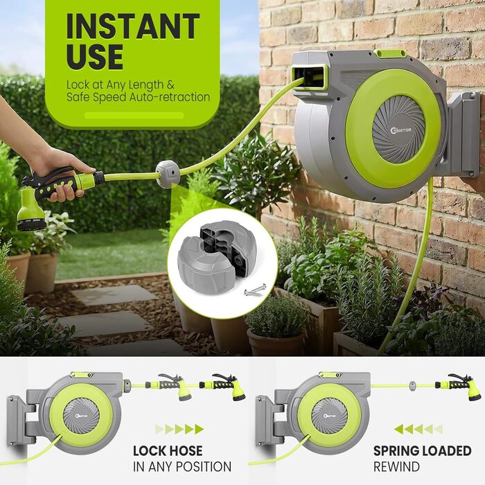 Шланговий барабан настінний автоматичний 40м, з фіксацією довжини, поворотна кріплення 180°, 9 режимів поливу для саду та миття авто