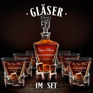Мавертон Карафа для віскі 950 мл + Набір з 6 склянок для віскі з гравіюванням - Декантер для віскі - Подарунок на Різдво - Люксовий дизайн - Крісталльне скло - для чоловіків на день народження