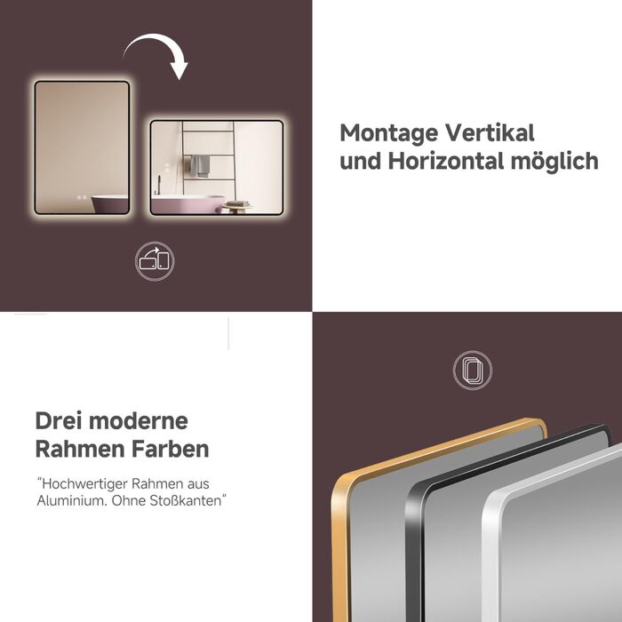 Дзеркало для ванної кімнати HOKO LED Texas 60x80 см / 80x60 см з підсвіткою, підігрівом проти запотівання та чорним металевим каркасом. Можливість встановлення HOCH+QUER. Сенсорне керування, зміна кольору світла 2700-6500K (тепле біле - холодне біле - ней