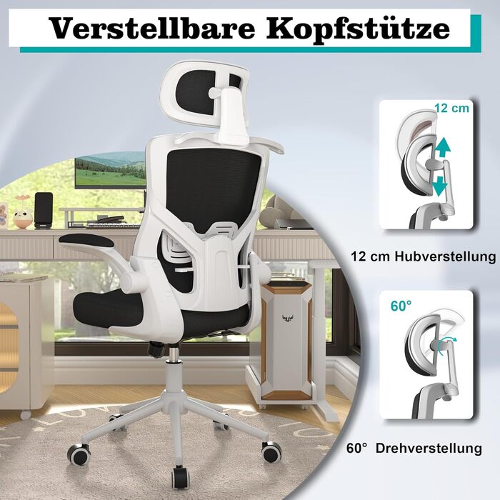 Ергономічне крісло для офісу з регульованою підголівником та поперековою підтримкою – високе офісне крісло з сітчастою спинкою та м'яким сидінням, вішалка для одягу та функцією блокування (Чорний колір з білим каркасом)