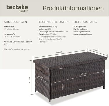 Ящик для подушок Tectake з ротангу, 270л, коричневий - водонепроникний, з замком, на колесах для саду, тераси, балкону