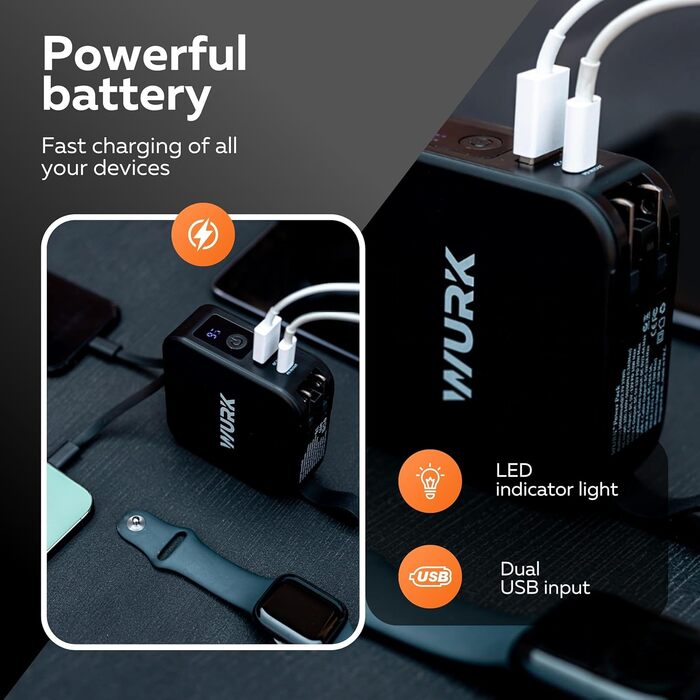 В-1 PowerPack Power Bank, бездротовий зарядний пристрій, дорожня вилка, 10 000 мАг, кабель USB-C і L, 5-