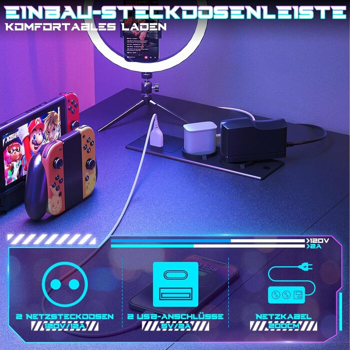 Ігровий стіл з LED підсвічуванням та розетками, стіл для комп'ютера з USB, стіл для ПК з підставкою для монітора, сучасний офісний/письмовий стіл для офісу та ігрової кімнати, чорний