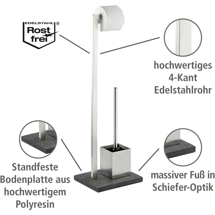 Набір для стоячого унітазу WENKO Slate-Rock, підставка для туалетного паперу та щітки, тримач туалетного рулону у вигляді сланцю, тримач рулону в комплекті зі щіткою, нержавіюча сталь, антрацит