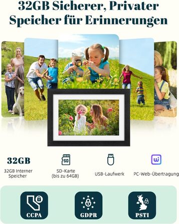 Цифровий фоторамка Eptusmey 10.1 дюйма з Wi-Fi, корпус з дуба, 32GB, IPS Touchscreen, підтримка Uhale APP, для подарунків, білий дуб