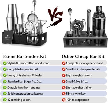 Набір для коктейлів 15 предметів: шейкер бостонський, джигер, сито, відкривачка, ложка для коктейлів - Барменський набір для приготування коктейлів