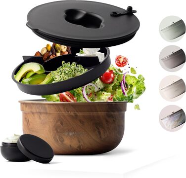 MAMEIDO SalatboxToGo 1,5 л: ланчбокс з нержавіючої сталі з відділеннями та контейнером для соусу, BPA-free, Meal Prep (1500 мл, дуб)