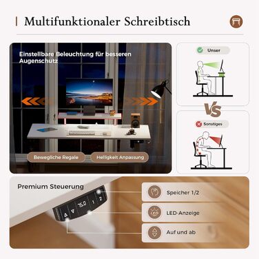 Регульований по висоті письмовий стіл Klicelor 140x60 см з LED-підсвіткою, розетками та підставкою для монітора, білий — ігровий та офісний стіл для роботи стоячи