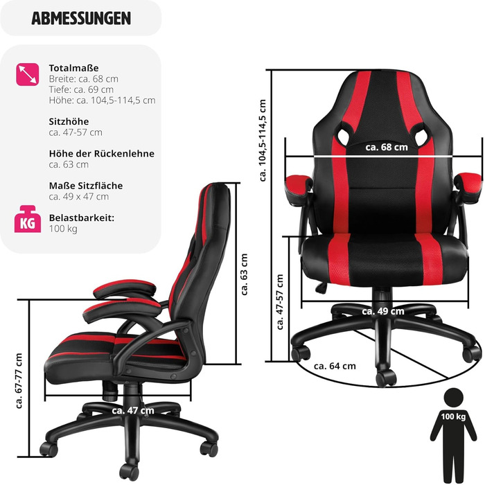 Ігрове крісло tectake, ергономічне офісне крісло, гоночне офісне крісло, крісло для керівника з функцією гойдалки та підлокітниками, поворотне крісло, регульоване по висоті письмове крісло, крісло для ПК, ігрове крісло - чорний/синій (чорно-червоний No 40