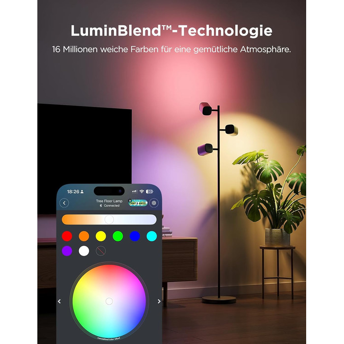 Світлодіодна підлогова лампа Govee 3-Flammen RGBWW, Matter, 1500lm, сумісна з Alexa, 64+ сцени, синхронізація з музикою, 157см, чорна для вітальні, спальні, кабінету