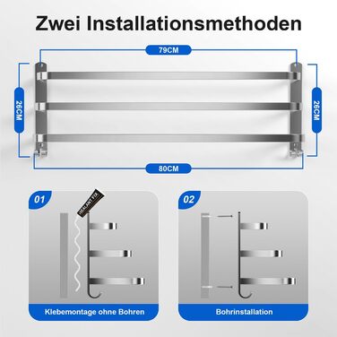 Тримач для рушників 80 см без свердління, срібний, для ванної кімнати та кухні