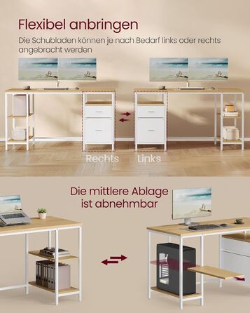 Комп'ютерний стіл VASAGLE з 3 полицями та 2 ящиками, 140 x 60 x 76 см, для офісу та вітальні, сучасний стиль, колір: natureichenfarben + perlweiß