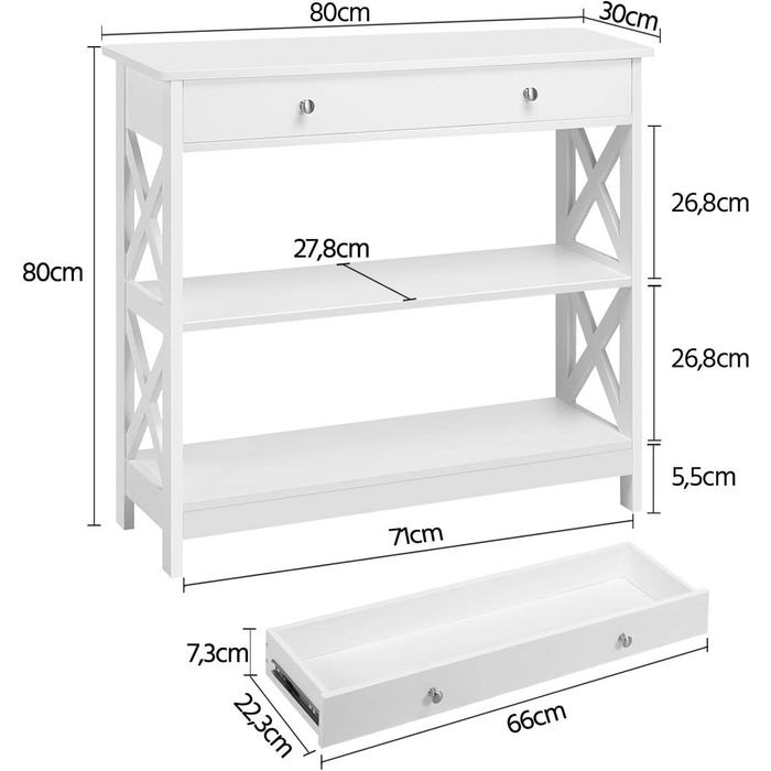 Консольний стіл Yaheetech, Стіл для передпокою з ящиком і 2 полицями, Журнальний столик Дерево, 80x30x80 см, Білий