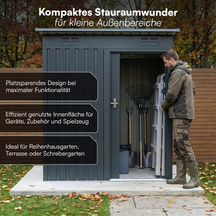 Сарай садовий металевий STEELSØN Talonix 184x85x149 см, антрацит – для інструментів, з односхилим дахом, оцинкований каркас