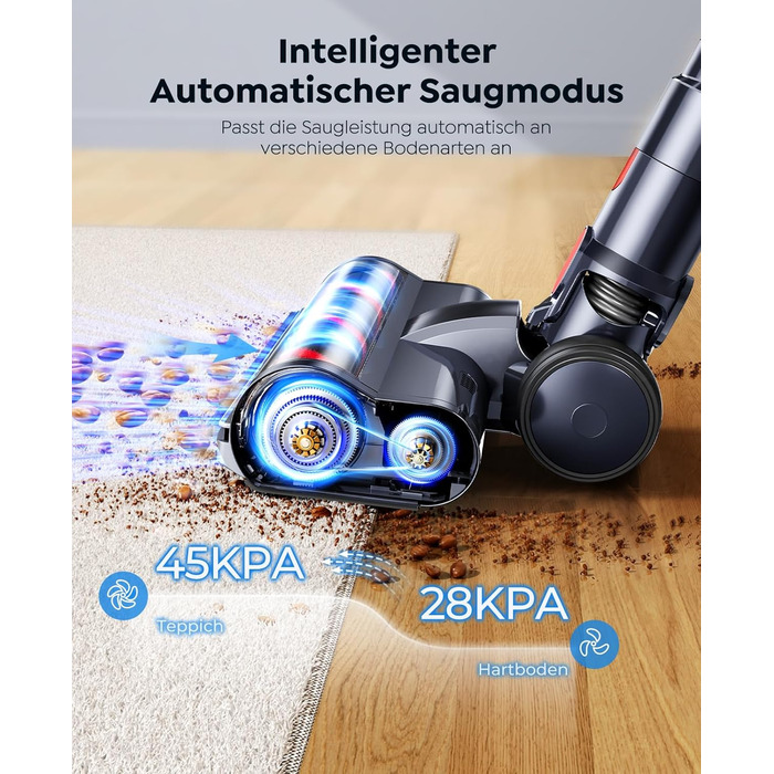 Бездротовий акумуляторний пилосос SunSare 600W з потужністю всмоктування 50000Pa, 65 хвилин роботи, док-станція, автоматичний режим, сенсорний екран, висувний шланг 1м для твердих поверхонь, килимів та шерсті тварин