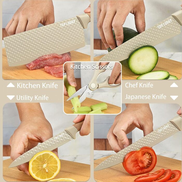 Набір кухонних ножів, 6 предметів, чорний, гострий, з антипригарним покриттям, нержавіюча сталь, з підставкою (Khaki)